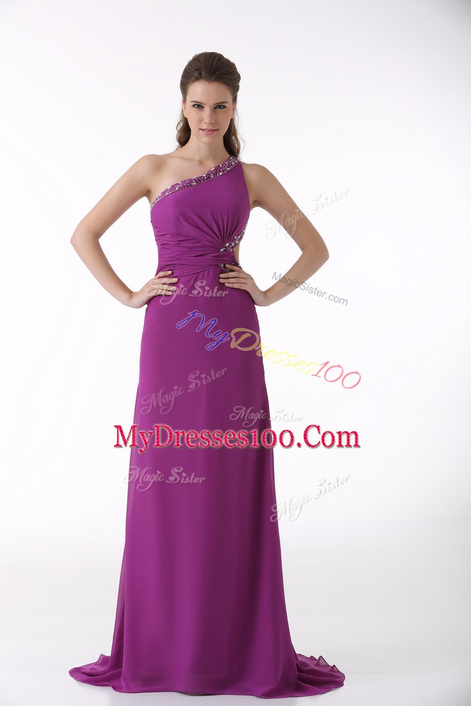 Extravagant Fuchsia Backless One Shoulder Beading and Ruching Dress for Prom Chiffon Sleeveless Brush Train