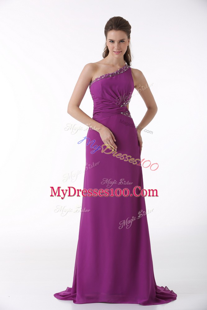 Extravagant Fuchsia Backless One Shoulder Beading and Ruching Dress for Prom Chiffon Sleeveless Brush Train
