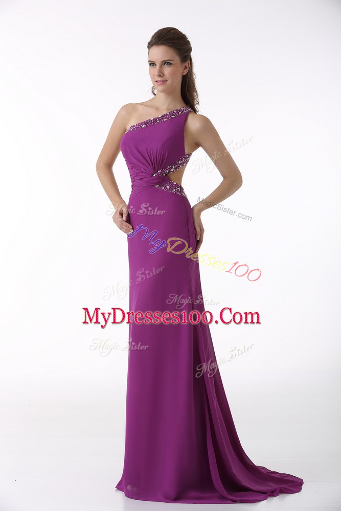 Extravagant Fuchsia Backless One Shoulder Beading and Ruching Dress for Prom Chiffon Sleeveless Brush Train
