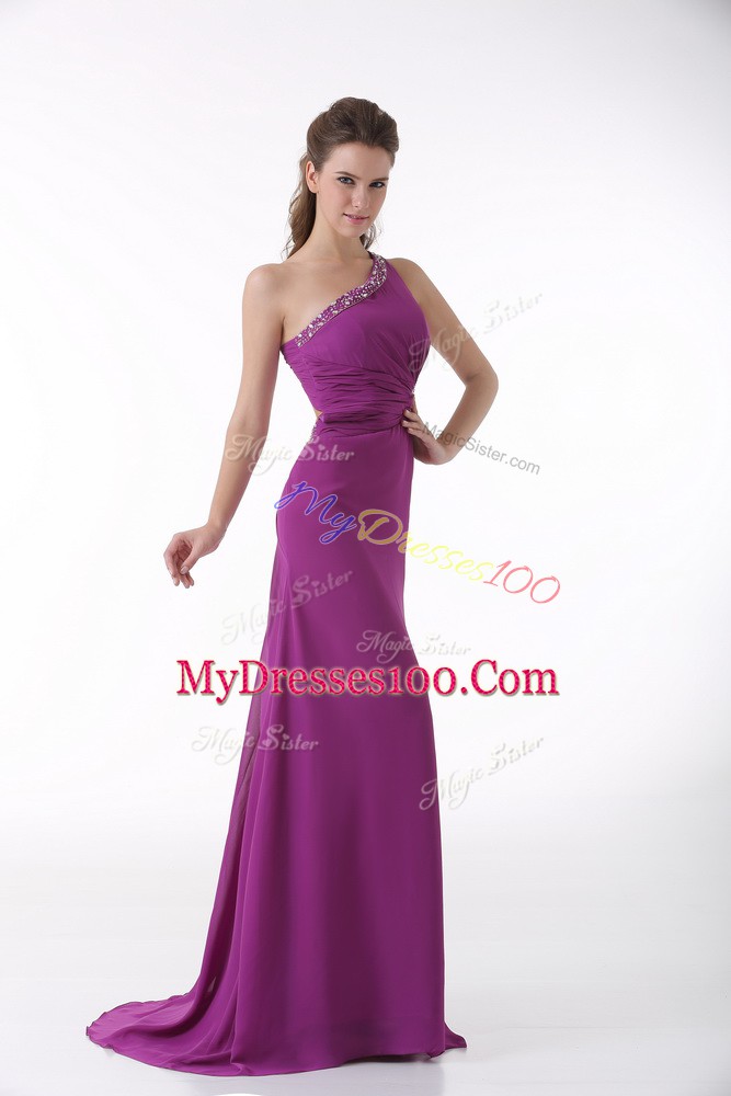 Extravagant Fuchsia Backless One Shoulder Beading and Ruching Dress for Prom Chiffon Sleeveless Brush Train