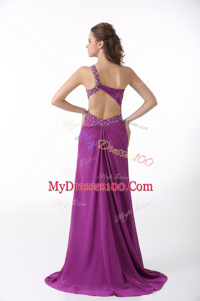 Extravagant Fuchsia Backless One Shoulder Beading and Ruching Dress for Prom Chiffon Sleeveless Brush Train