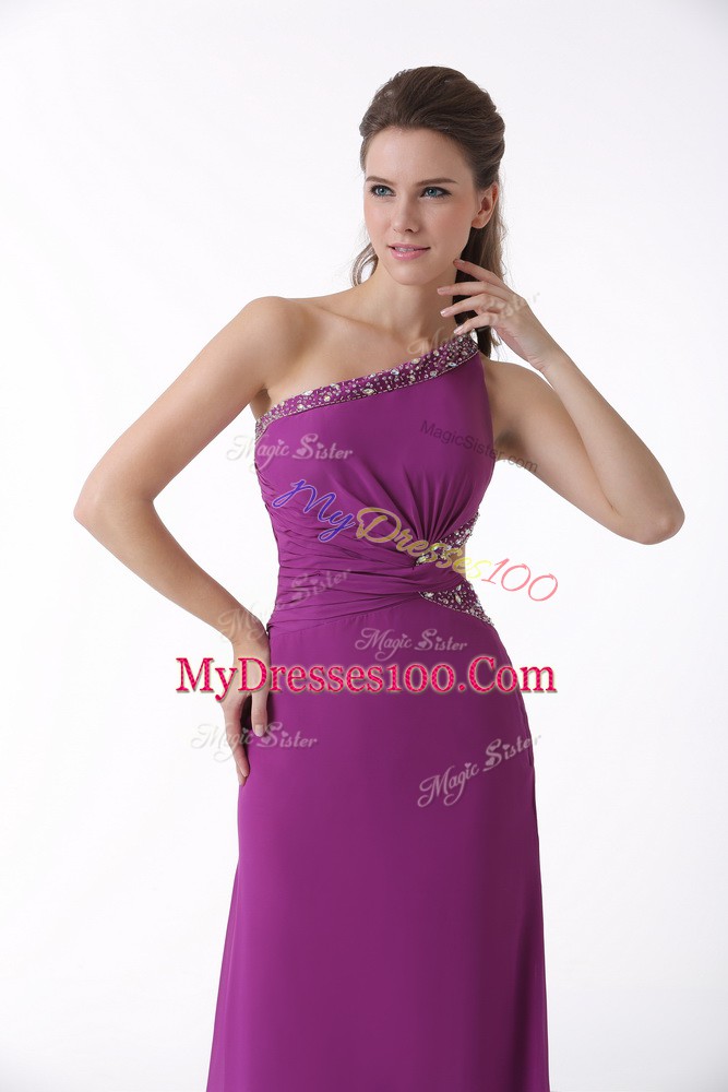 Extravagant Fuchsia Backless One Shoulder Beading and Ruching Dress for Prom Chiffon Sleeveless Brush Train