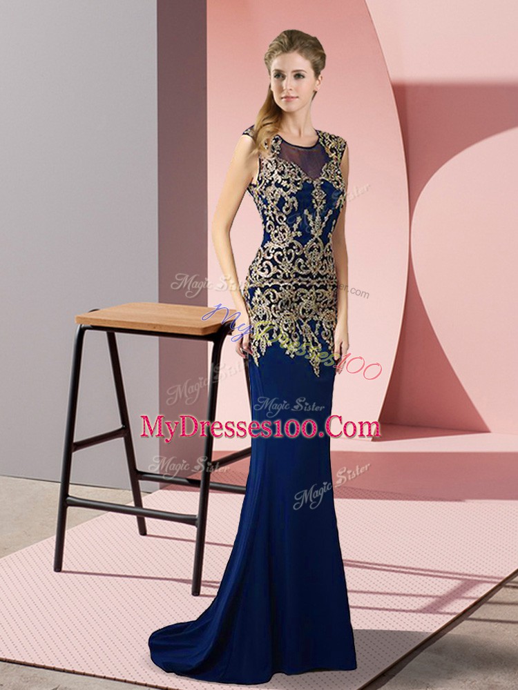 Deluxe Royal Blue Evening Dress Scoop Sleeveless Sweep Train Zipper