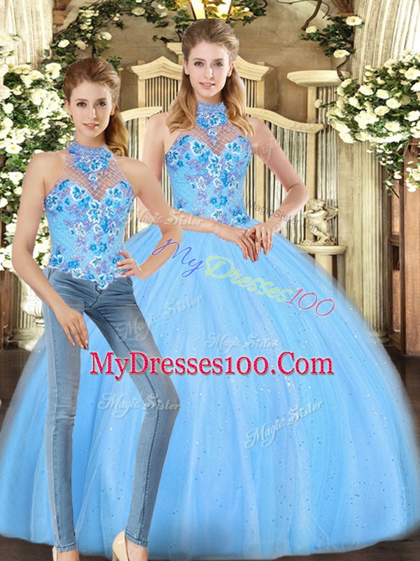Baby Blue Quinceanera Dresses Sweet 16 and Quinceanera with Embroidery Halter Top Sleeveless Lace Up