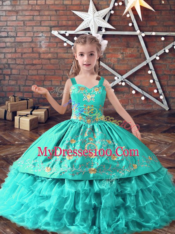 Most Popular Ball Gowns Pageant Dresses Turquoise Straps Satin and Organza Sleeveless Floor Length Lace Up