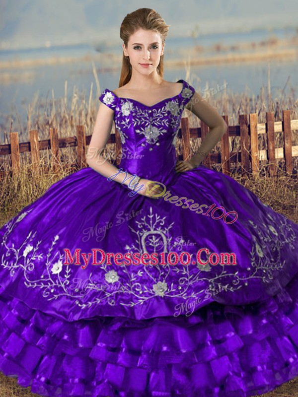 Purple Lace Up Sweet 16 Quinceanera Dress Embroidery and Ruffled Layers Sleeveless Floor Length