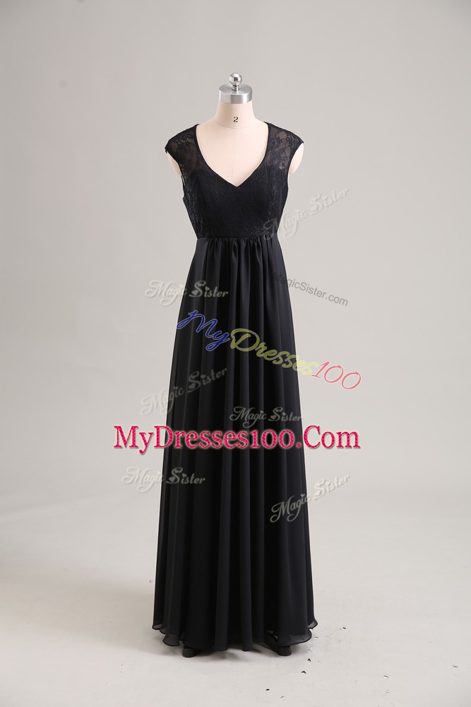 Most Popular Black Cap Sleeves Lace Floor Length