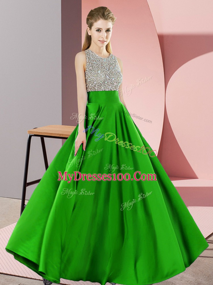 Scoop Sleeveless Elastic Woven Satin Prom Dress Beading Backless