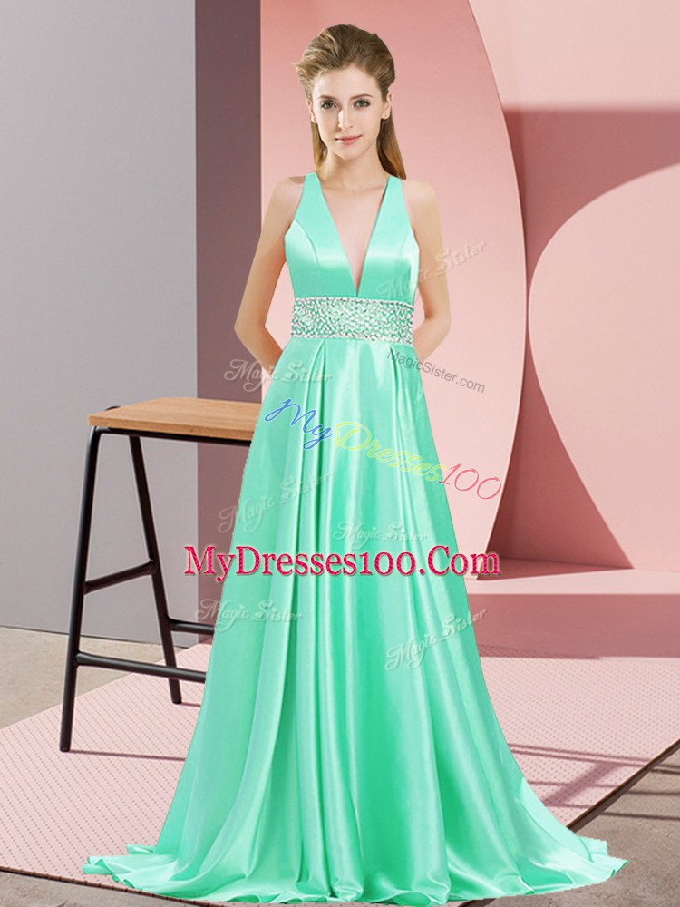 Apple Green Elastic Woven Satin Backless Prom Party Dress Sleeveless Brush Train Beading