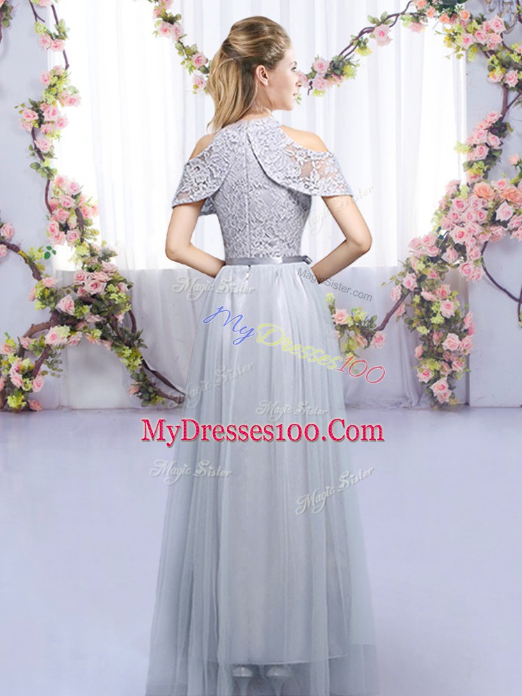Sleeveless Floor Length Lace and Belt Zipper Wedding Guest Dresses with Grey