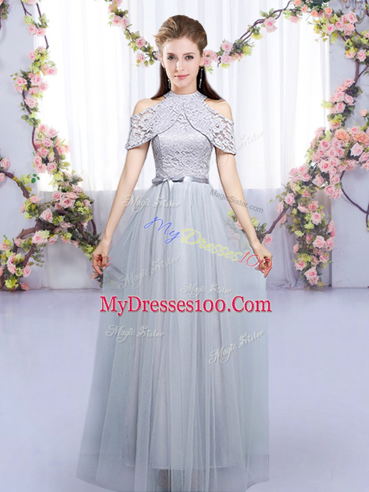 Sleeveless Floor Length Lace and Belt Zipper Wedding Guest Dresses with Grey