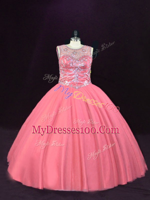 Fabulous Scoop Sleeveless Lace Up Quinceanera Dress Pink Tulle
