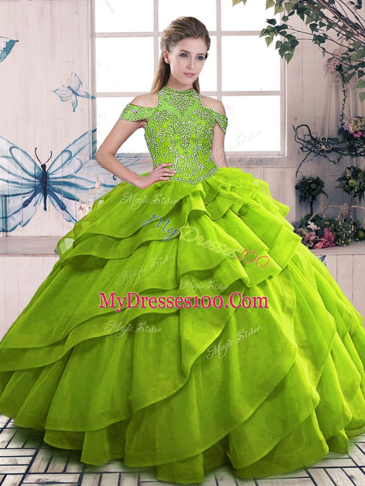 Adorable Ball Gowns Quinceanera Gown Olive Green High-neck Organza Sleeveless Floor Length Lace Up