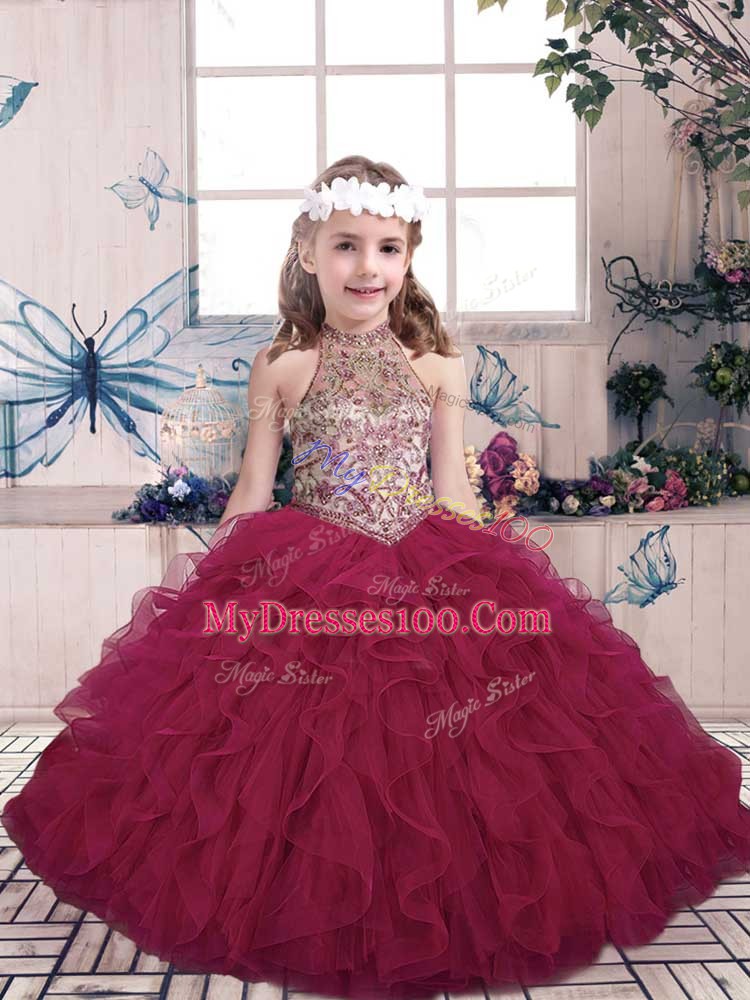 Beautiful Floor Length Fuchsia Custom Made Pageant Dress High-neck Sleeveless Lace Up