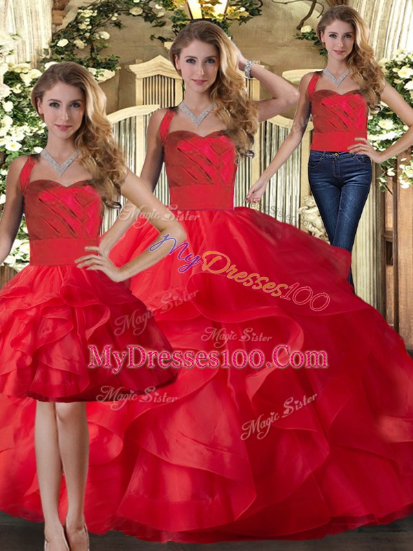 Dazzling Red Sleeveless Tulle Lace Up Quince Ball Gowns for Military Ball and Sweet 16 and Quinceanera