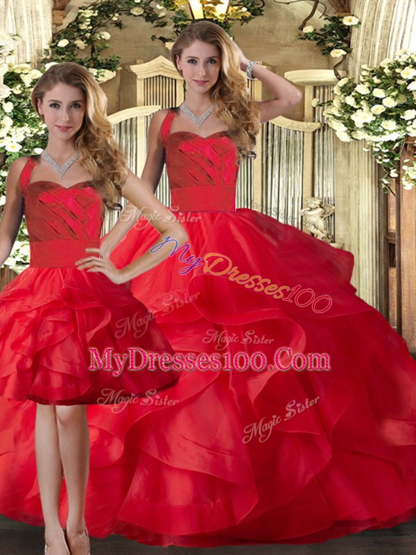 Dazzling Red Sleeveless Tulle Lace Up Quince Ball Gowns for Military Ball and Sweet 16 and Quinceanera