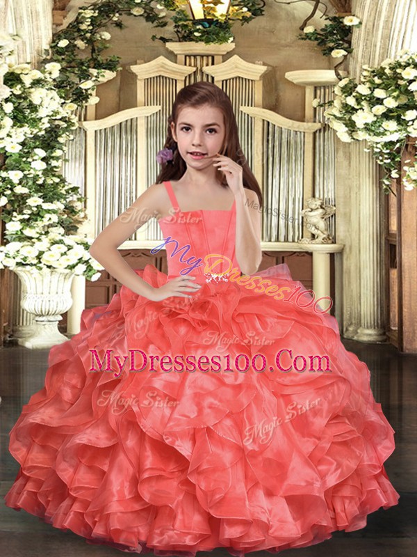 Trendy Ball Gowns High School Pageant Dress Coral Red Straps Organza Sleeveless Floor Length Lace Up