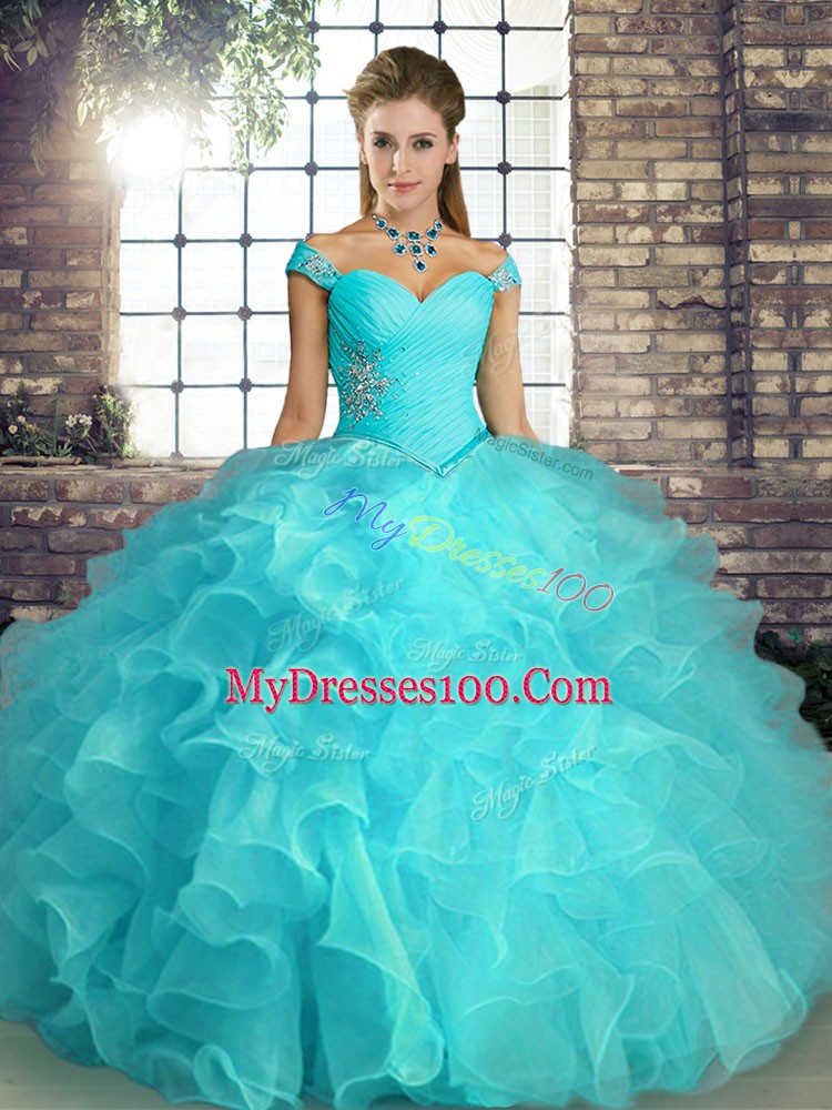 Beauteous Aqua Blue Sleeveless Beading and Ruffles Floor Length Quince Ball Gowns