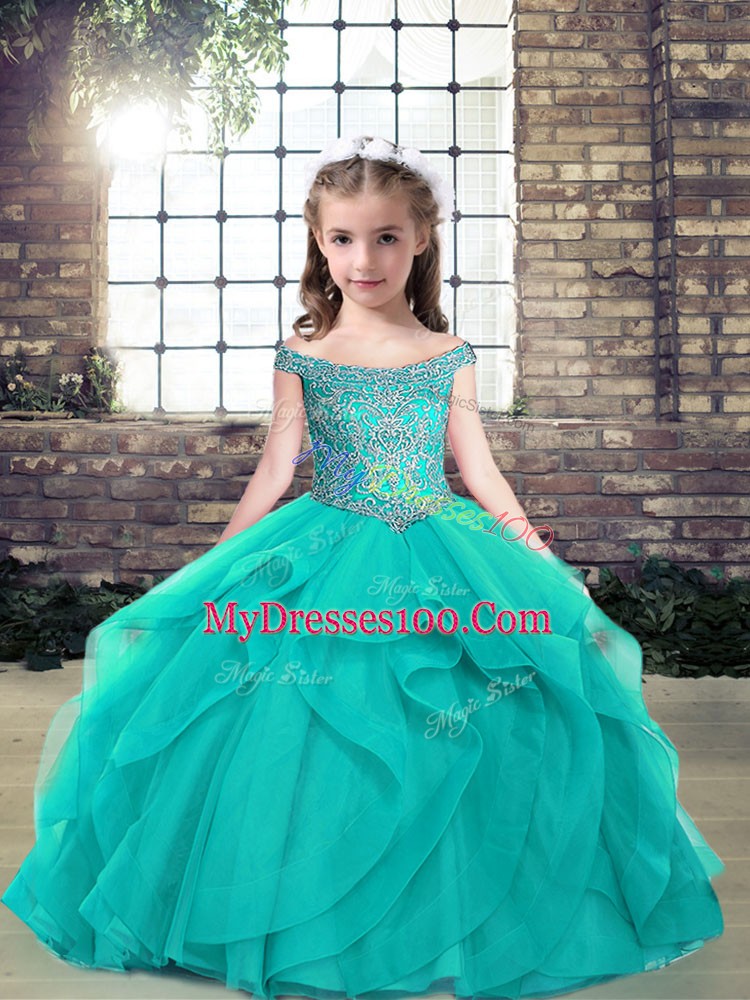 Customized Off The Shoulder Sleeveless Little Girls Pageant Dress Wholesale Floor Length Beading Teal Tulle
