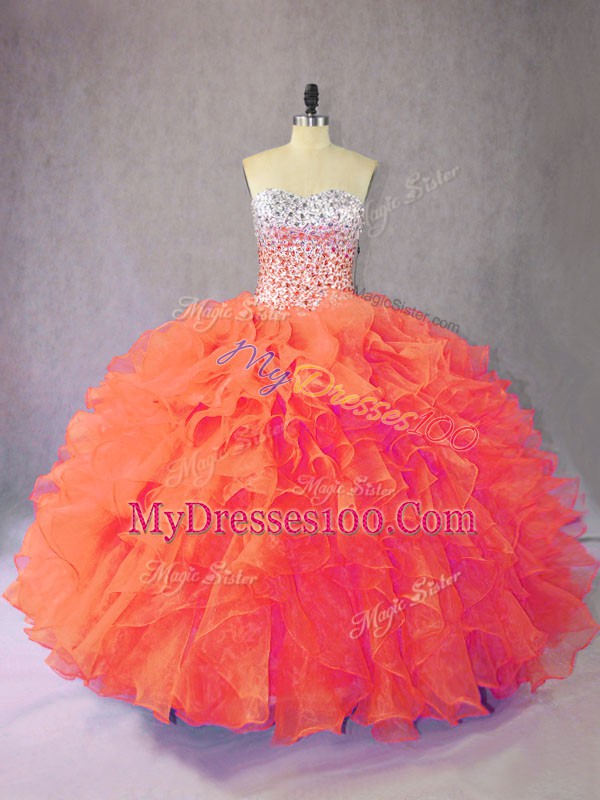 Comfortable Orange Sweet 16 Dresses Sweet 16 and Quinceanera with Beading and Ruffles Sweetheart Sleeveless Lace Up