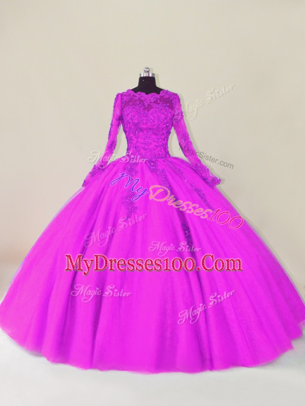 Low Price Purple Ball Gowns Lace and Appliques Sweet 16 Quinceanera Dress Zipper Tulle Long Sleeves Floor Length