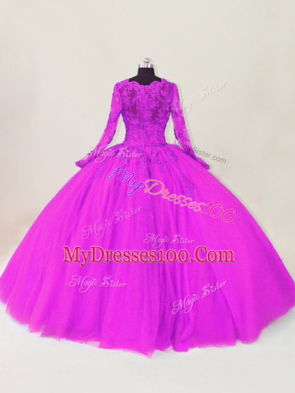 Low Price Purple Ball Gowns Lace and Appliques Sweet 16 Quinceanera Dress Zipper Tulle Long Sleeves Floor Length