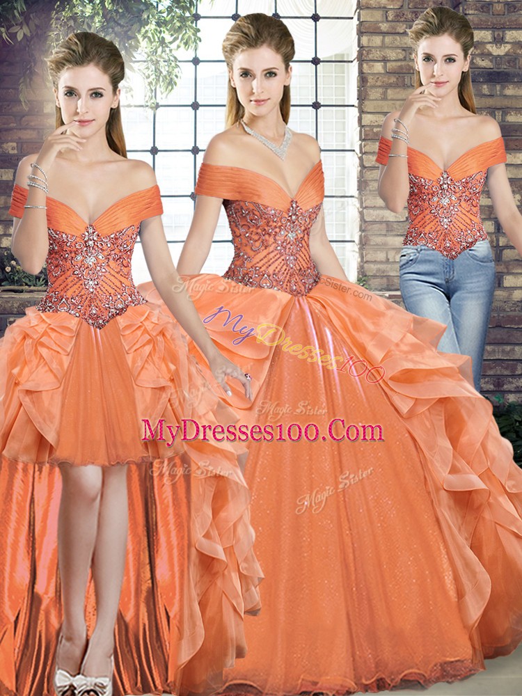 Orange Organza Lace Up Sweet 16 Dress Sleeveless Floor Length Beading and Ruffles