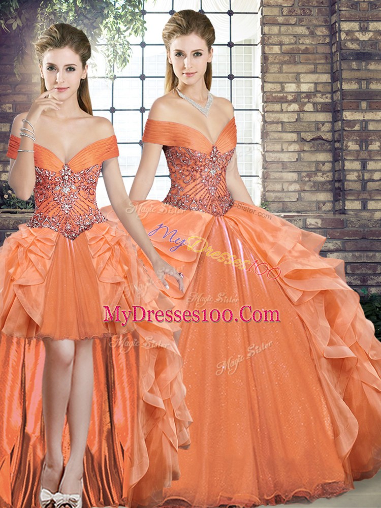 Orange Organza Lace Up Sweet 16 Dress Sleeveless Floor Length Beading and Ruffles