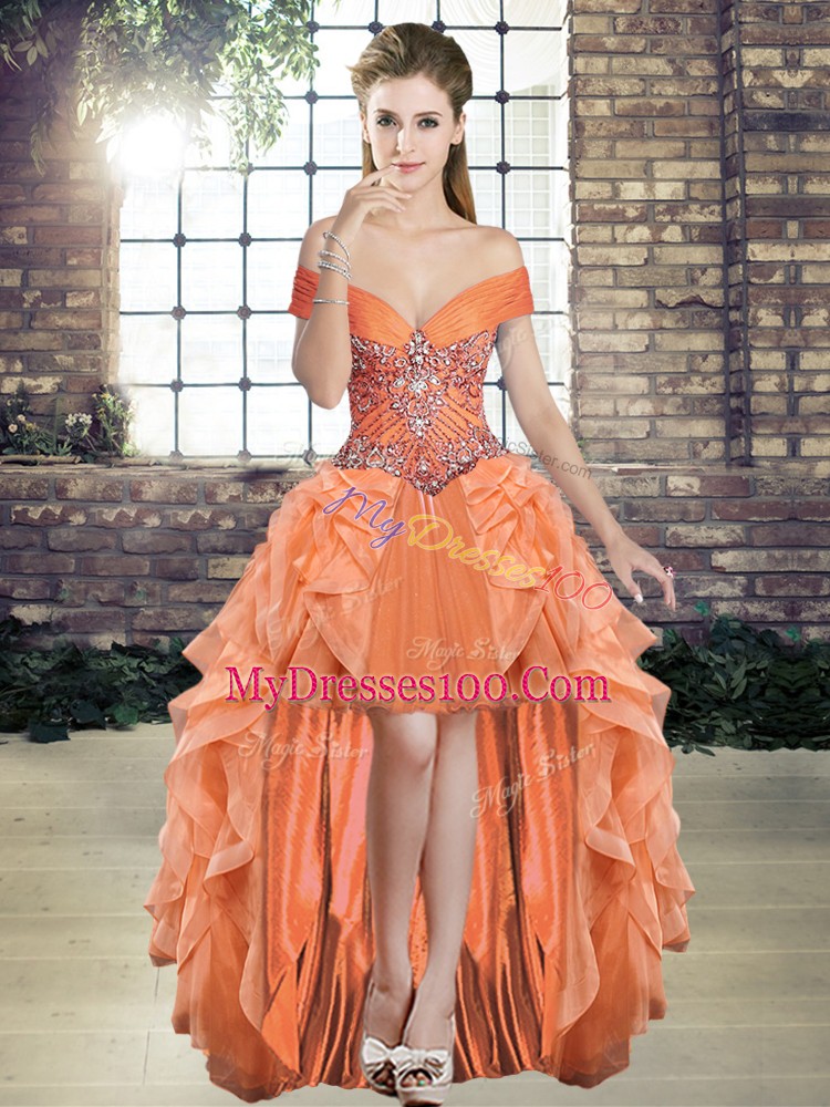 Orange Organza Lace Up Sweet 16 Dress Sleeveless Floor Length Beading and Ruffles