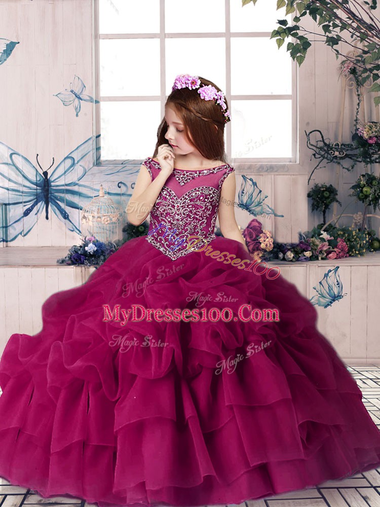 Floor Length Lace Up Pageant Gowns Fuchsia for Party and Wedding Party with Beading and Pick Ups