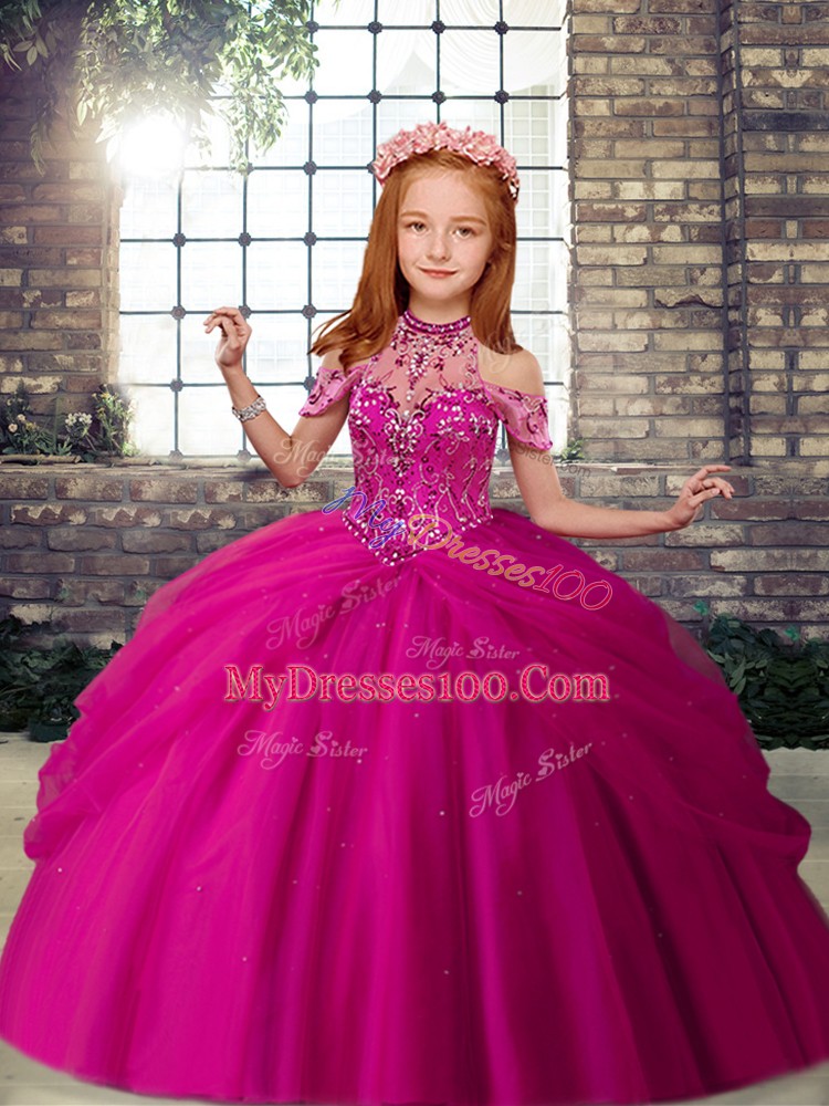 Customized Floor Length Ball Gowns Sleeveless Fuchsia Child Pageant Dress Lace Up