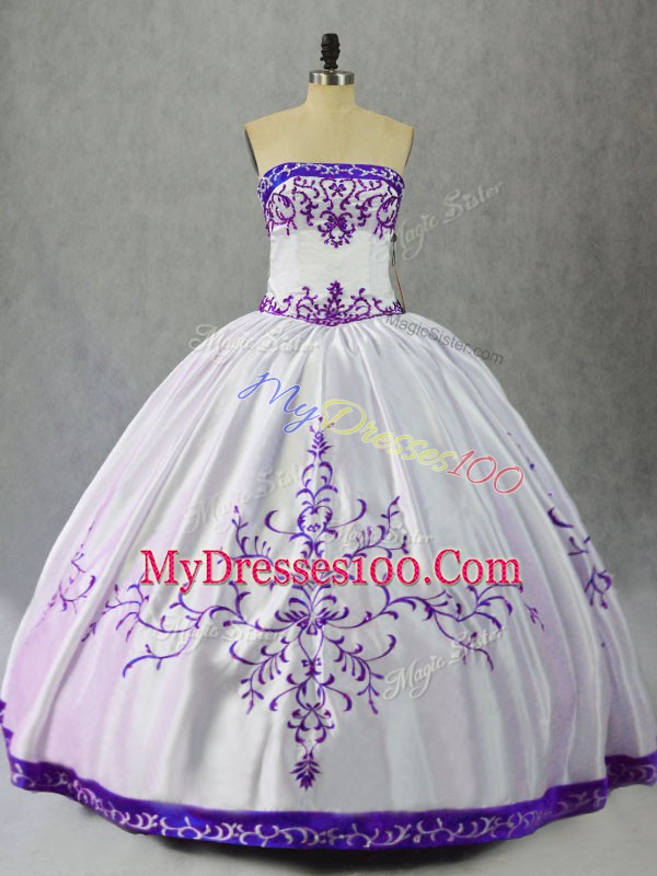 New Style White And Purple Satin Lace Up Quinceanera Gown Sleeveless Floor Length Embroidery