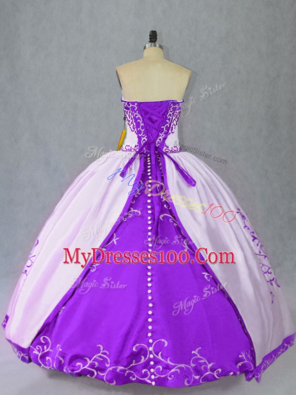 New Style White And Purple Satin Lace Up Quinceanera Gown Sleeveless Floor Length Embroidery