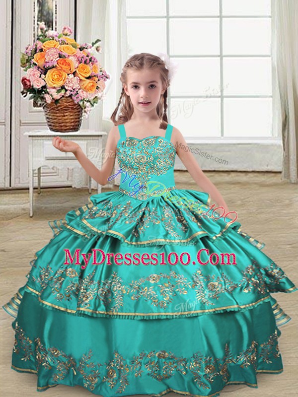 Attractive Floor Length Lace Up Pageant Gowns For Girls Turquoise for Wedding Party with Embroidery and Ruffled Layers