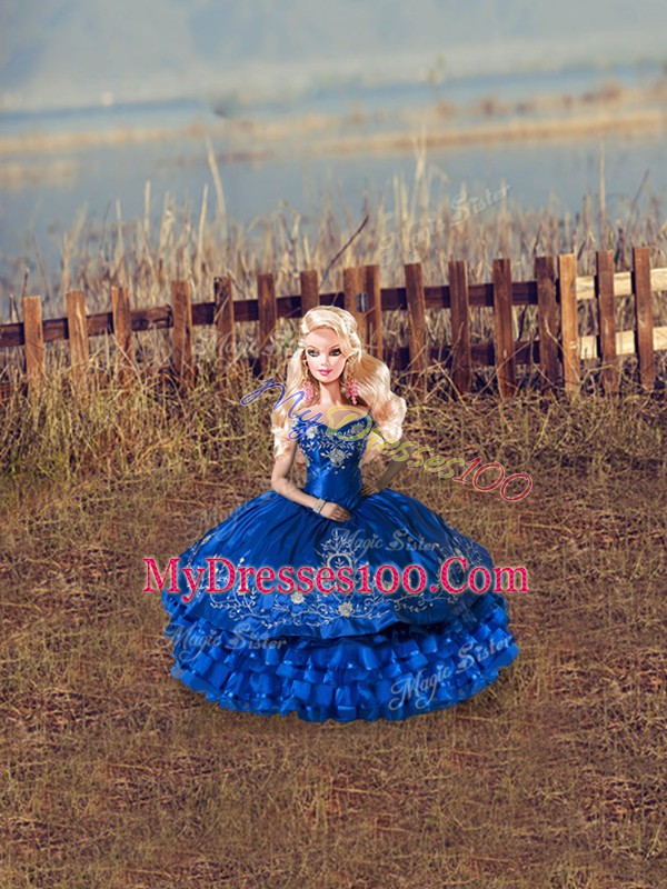 Customized Royal Blue Ball Gowns Off The Shoulder Sleeveless Satin and Organza Floor Length Lace Up Beading and Ruffles Quinceanera Gown