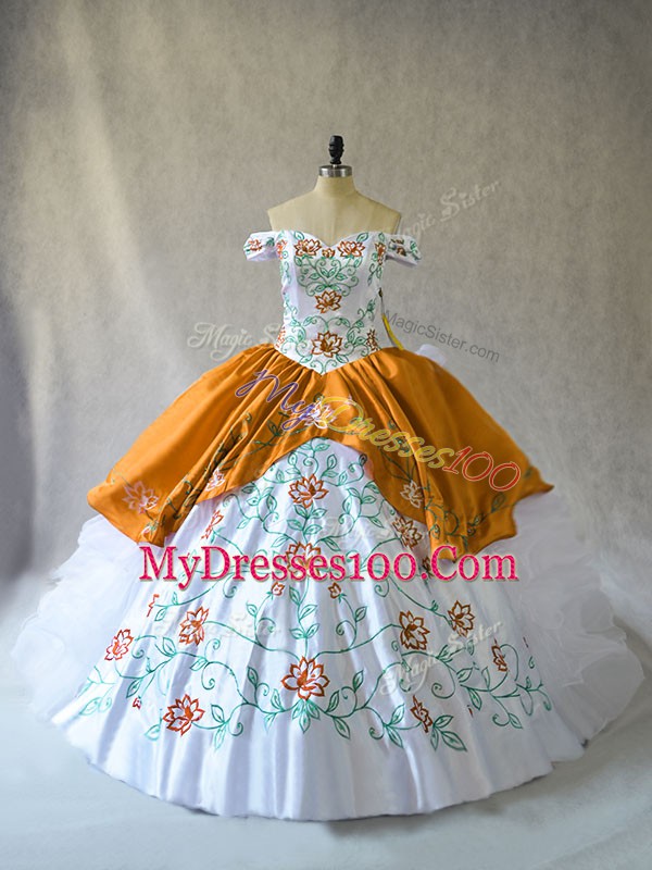 Custom Fit Gold Organza Lace Up Off The Shoulder Sleeveless Floor Length Vestidos de Quinceanera Embroidery and Ruffles