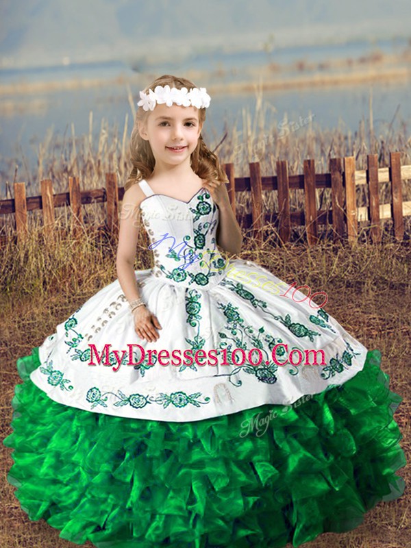 Lovely Green Ball Gowns Straps Sleeveless Organza Floor Length Lace Up Embroidery and Ruffles Girls Pageant Dresses
