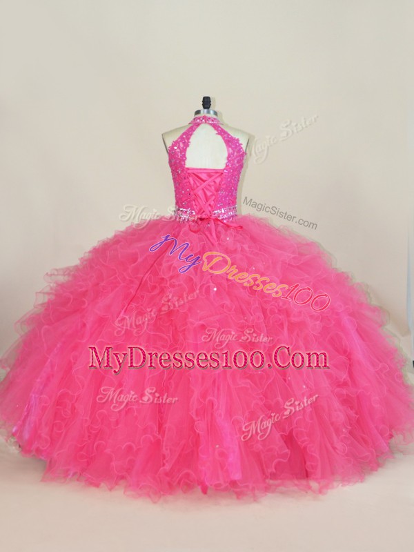 Floor Length Hot Pink Sweet 16 Dress Halter Top Sleeveless Lace Up