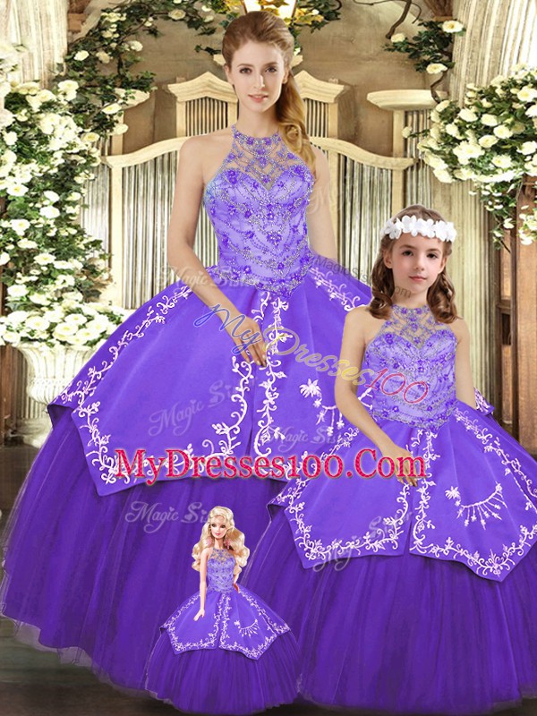 Deluxe Floor Length Purple Quinceanera Gowns Satin and Tulle Sleeveless Beading and Embroidery