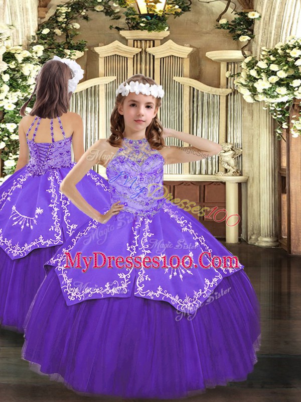 Deluxe Floor Length Purple Quinceanera Gowns Satin and Tulle Sleeveless Beading and Embroidery