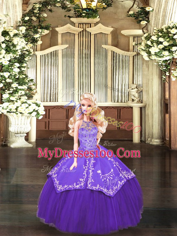 Deluxe Floor Length Purple Quinceanera Gowns Satin and Tulle Sleeveless Beading and Embroidery