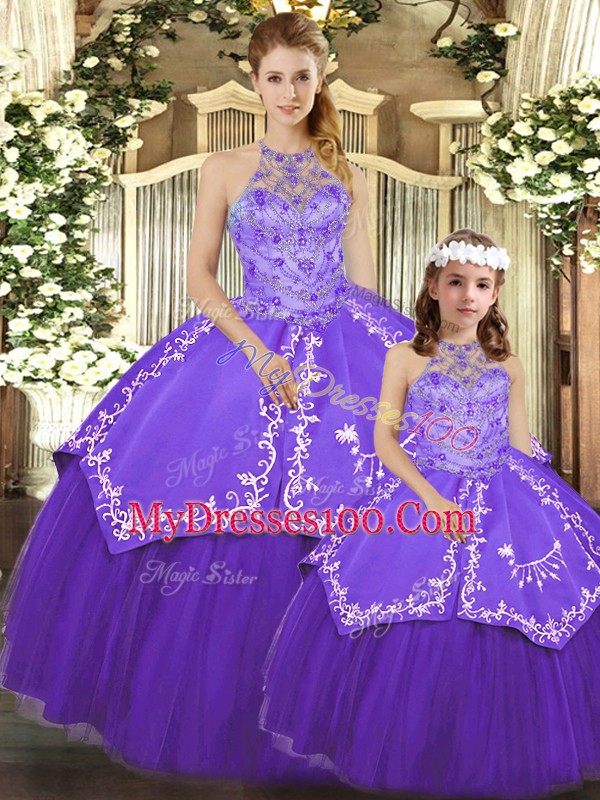 Deluxe Floor Length Purple Quinceanera Gowns Satin and Tulle Sleeveless Beading and Embroidery