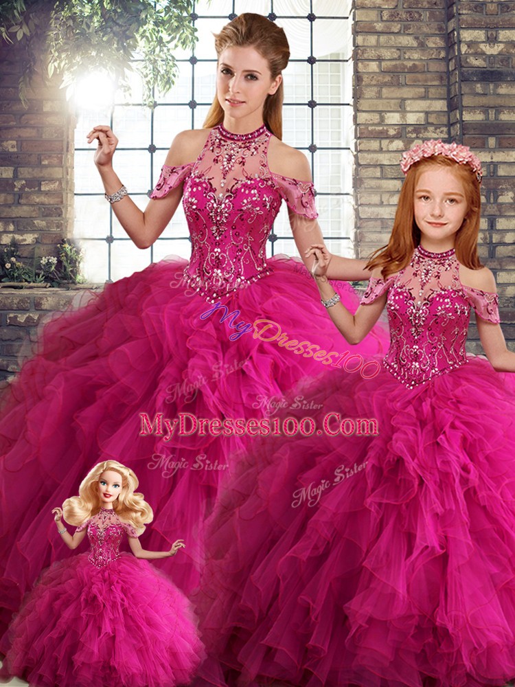 Most Popular Fuchsia Sleeveless Tulle Lace Up Vestidos de Quinceanera for Military Ball and Sweet 16 and Quinceanera