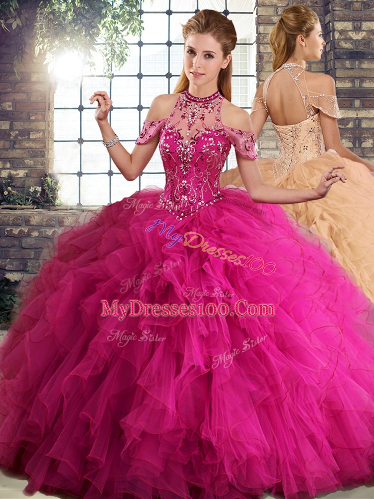 Most Popular Fuchsia Sleeveless Tulle Lace Up Vestidos de Quinceanera for Military Ball and Sweet 16 and Quinceanera