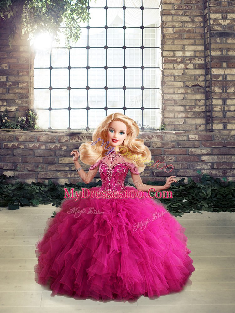 Most Popular Fuchsia Sleeveless Tulle Lace Up Vestidos de Quinceanera for Military Ball and Sweet 16 and Quinceanera