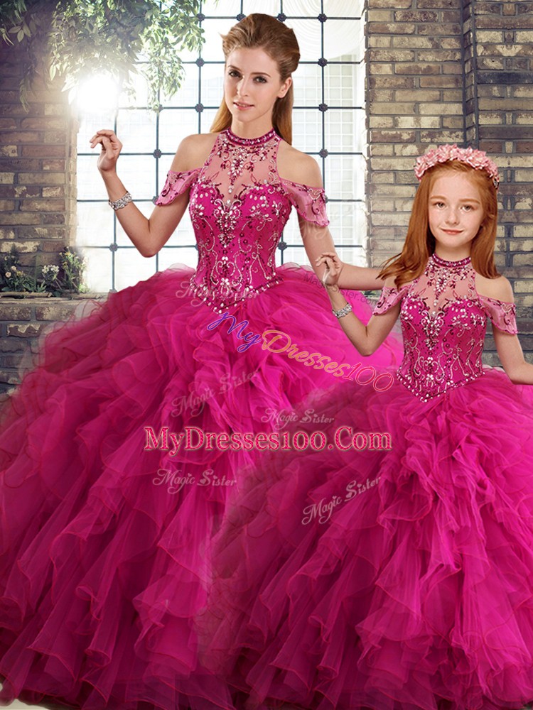 Most Popular Fuchsia Sleeveless Tulle Lace Up Vestidos de Quinceanera for Military Ball and Sweet 16 and Quinceanera
