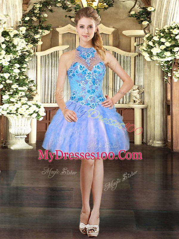 Mini Length Lace Up Prom Evening Gown Baby Blue for Prom and Party with Embroidery and Ruffles