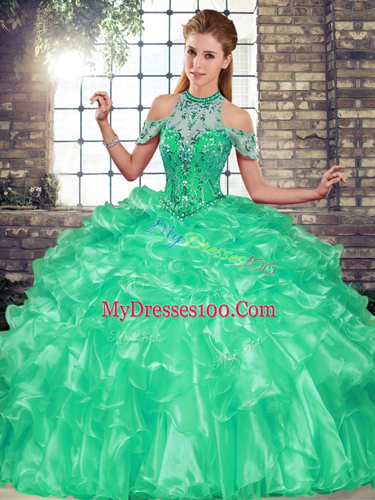 Dynamic Floor Length Turquoise 15th Birthday Dress Organza Sleeveless Beading and Ruffles