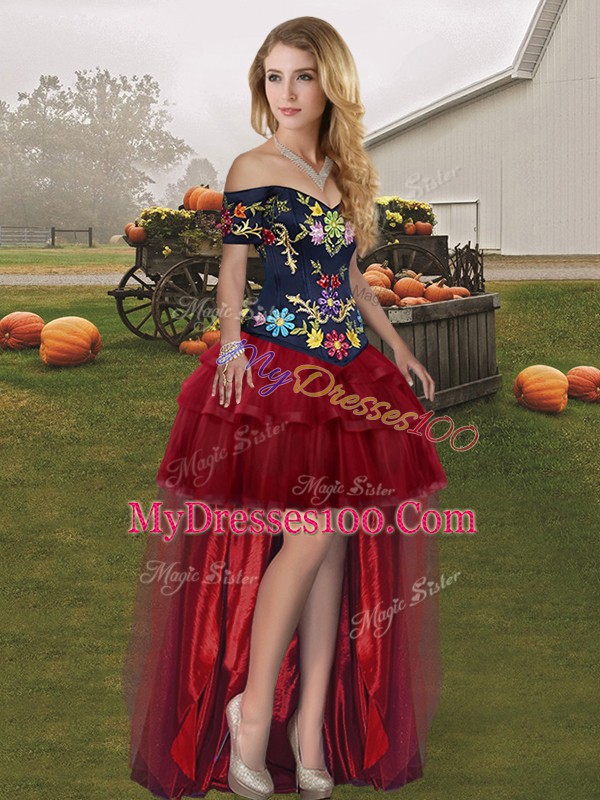 High Low Wine Red Prom Party Dress Organza Sleeveless Embroidery and Ruffled Layers