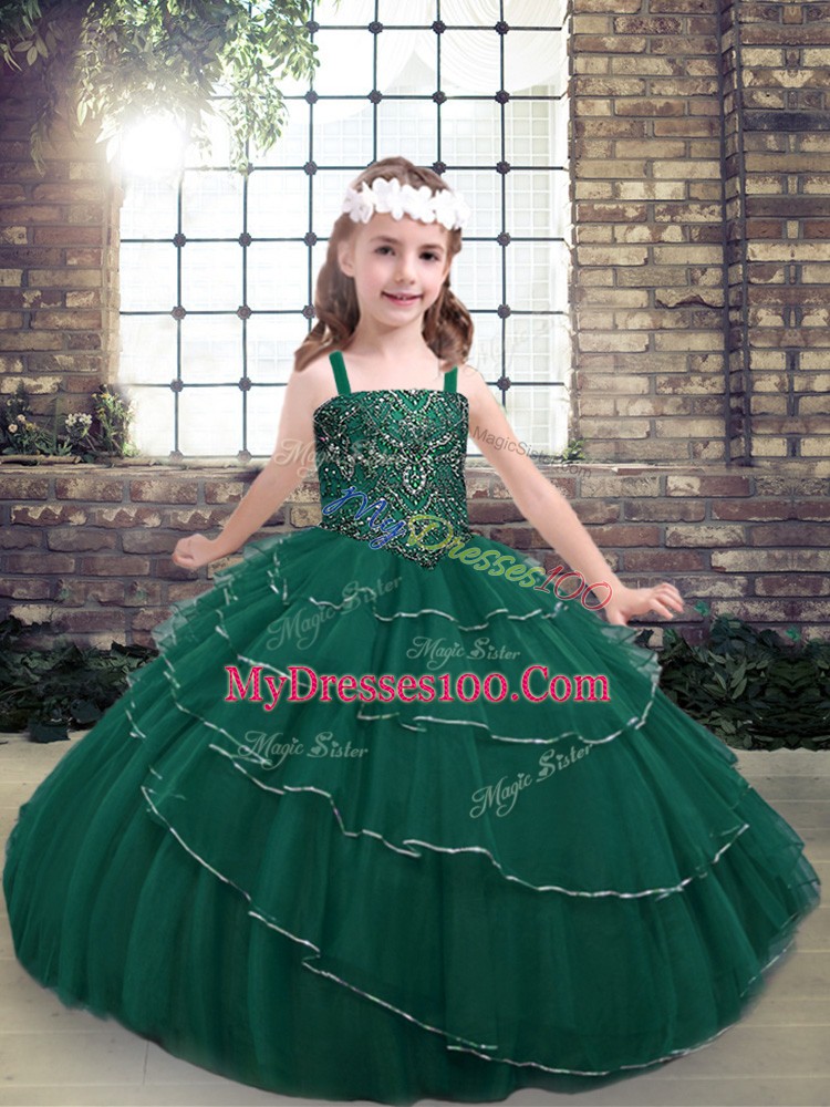 Fancy Peacock Green Sleeveless Floor Length Beading Lace Up Little Girl Pageant Gowns